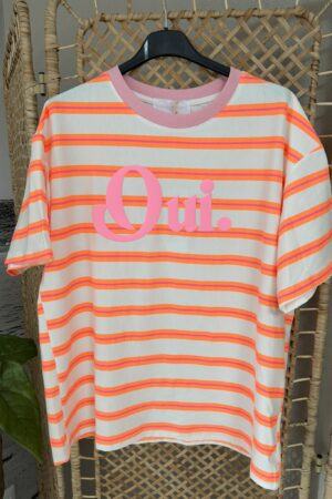 T-shirt streep 'Qui.' - Wit/Oranje/Roze