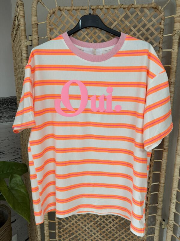 T-shirt streep 'Qui.' - Wit/Oranje/Roze
