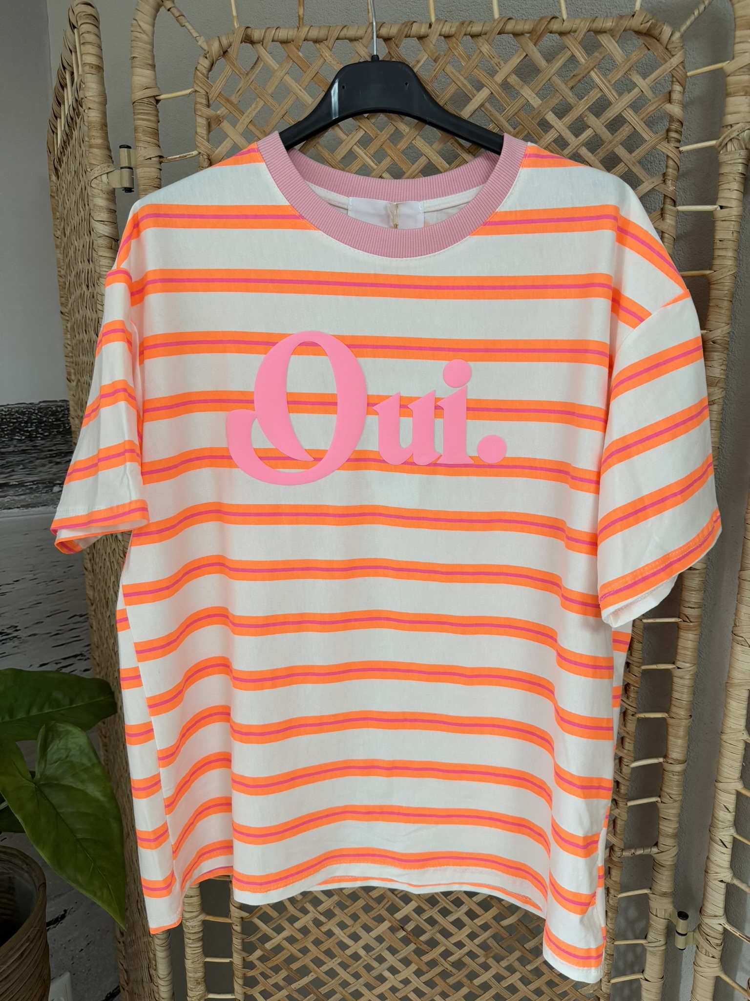 T-shirt streep 'Qui.' - Wit/Oranje/Roze