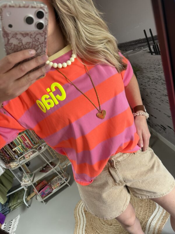 T-shirt streep 'Ciao' - Roze/Lichtroze