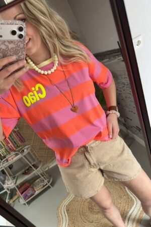 T-shirt streep 'Ciao' - Oranje/Roze