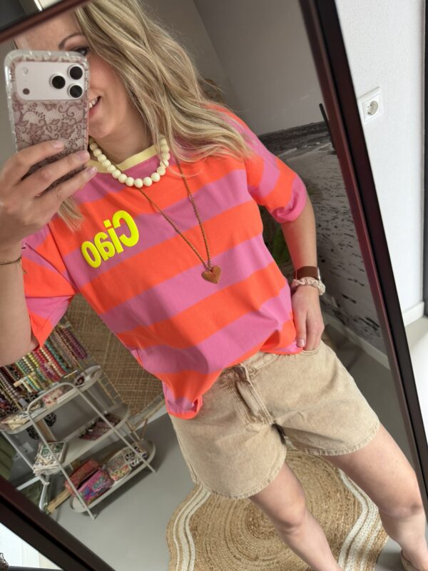T-shirt streep 'Ciao' - Oranje/Roze