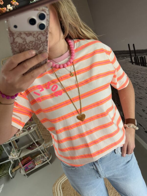 T-shirt streep 'Club Soleil' - Wit/Oranje/Roze