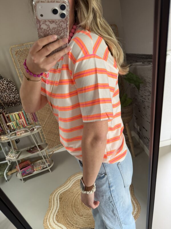 T-shirt streep 'Club Soleil' - Wit/Oranje/Roze