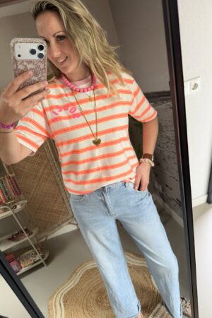 T-shirt streep 'Club Soleil' - Wit/Oranje/Roze