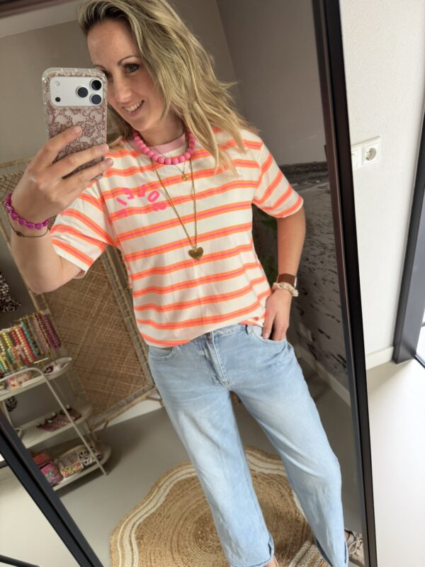 T-shirt streep 'Club Soleil' - Wit/Oranje/Roze