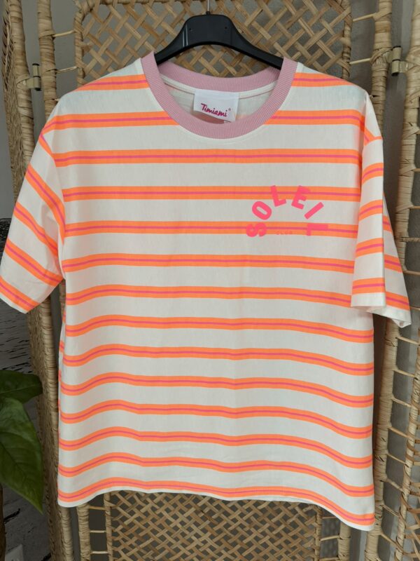 T-shirt streep 'Club Soleil' - Wit/Oranje/Roze