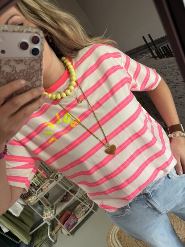 T-shirt streep 'Club Soleil' - Wit/Roze/Oranje