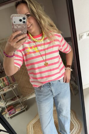 T-shirt streep 'Club Soleil' - Wit/Roze/Oranje