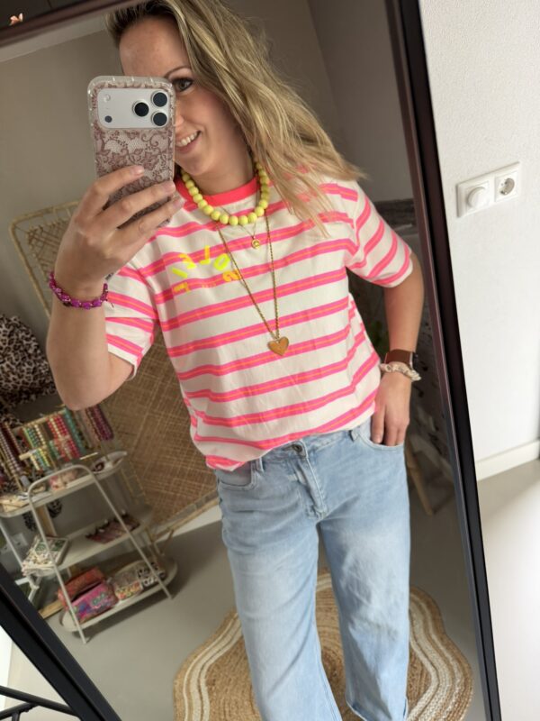 T-shirt streep 'Club Soleil' - Wit/Roze/Oranje