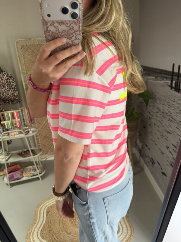 T-shirt streep 'Club Soleil' - Wit/Roze/Oranje