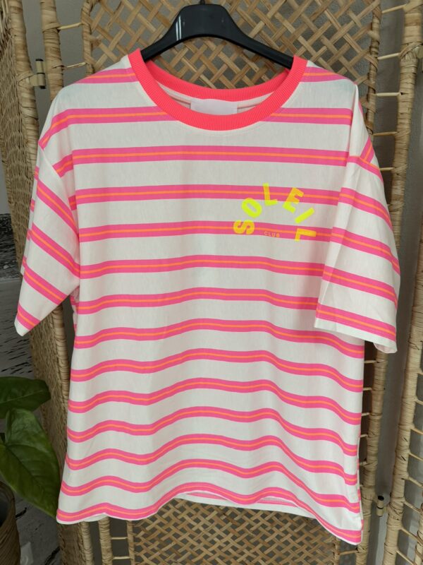 T-shirt streep 'Club Soleil' - Wit/Roze/Oranje