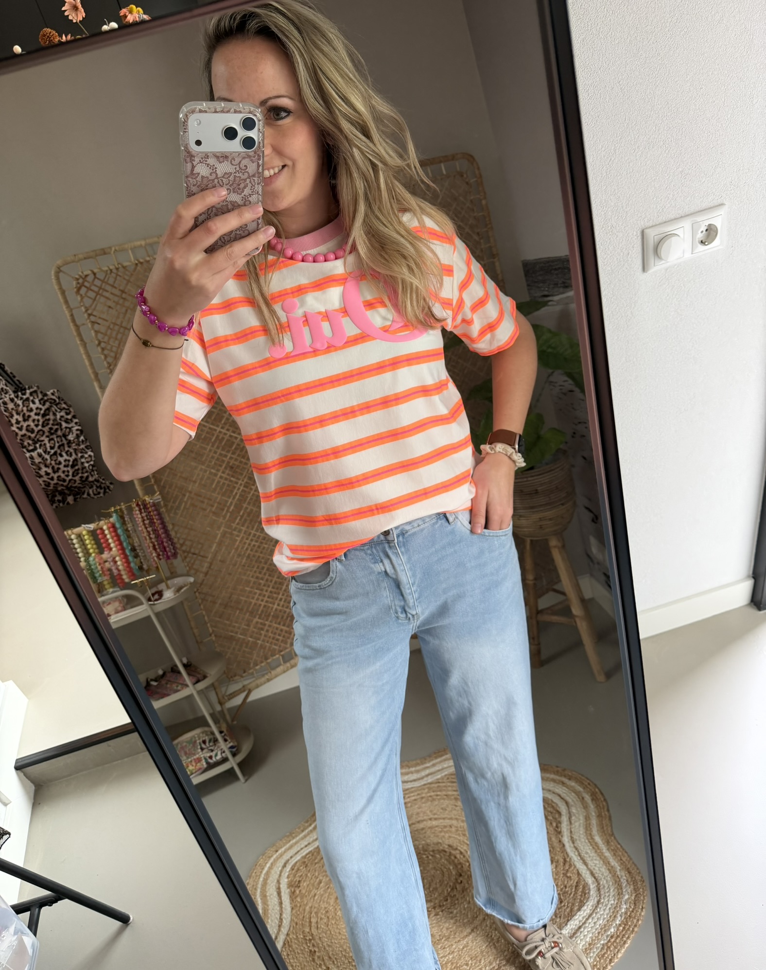 T-shirt streep 'Qui.' - Wit/Oranje/Roze - Afbeelding 2