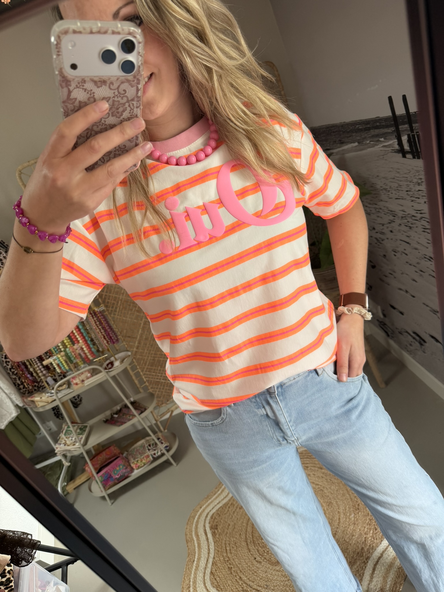 T-shirt streep 'Qui.' - Wit/Oranje/Roze - Afbeelding 3
