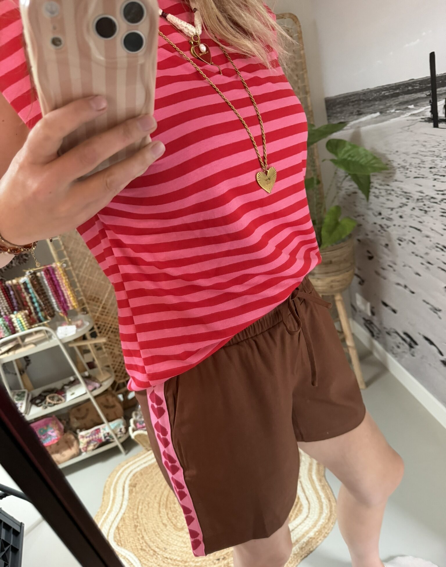 Short met hartjes bies - Azzurro - Bruin/Roze