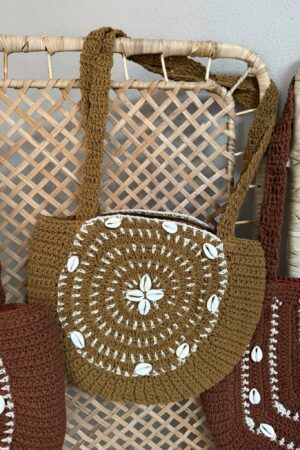 Bag 'Boho' rond - Olijfgroen/Schelpjes