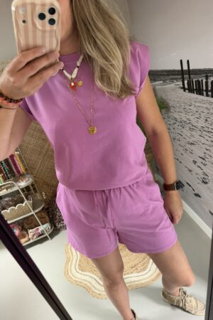 Comfy setje met kapmouwtje - Roze/Paars