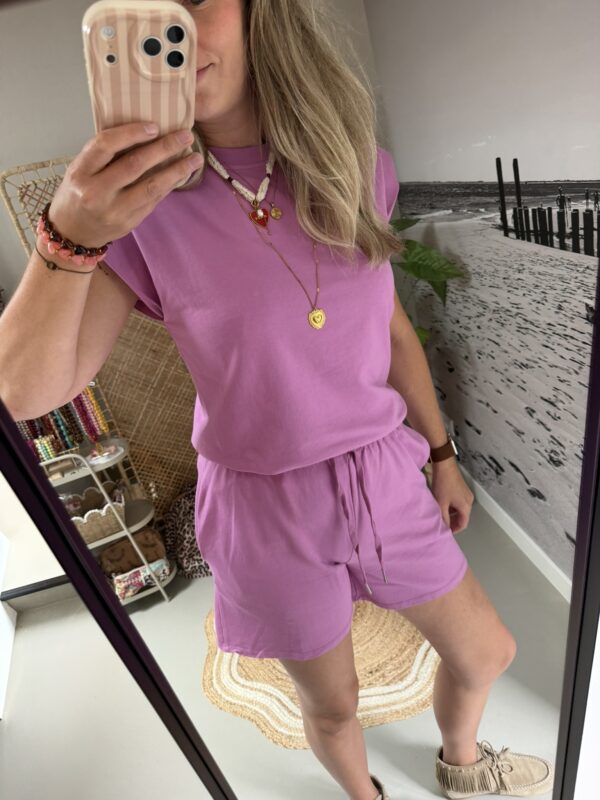 Comfy setje met kapmouwtje - Roze/Paars