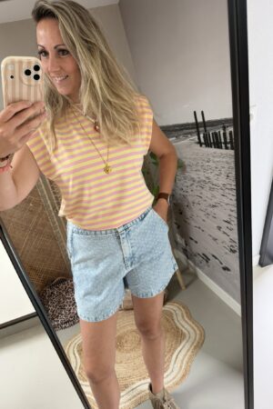 Top 'Flo' Mouwloos - Azzurro - Roze/Geel streep
