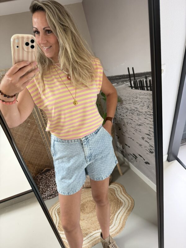 Top 'Flo' Mouwloos - Azzurro - Roze/Geel streep
