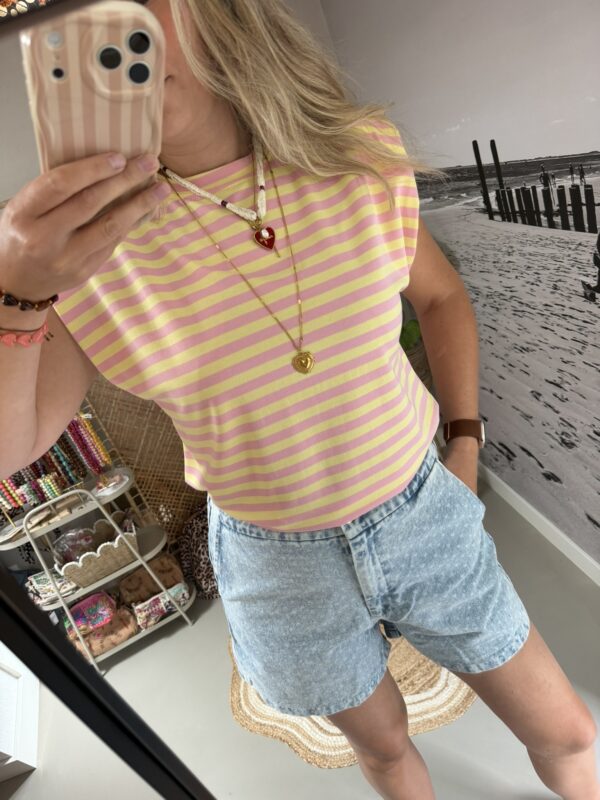 Top 'Flo' Mouwloos - Azzurro - Roze/Geel streep