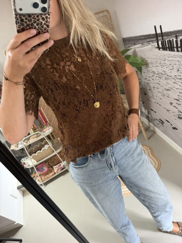 Kanten t-shirt - Bruin