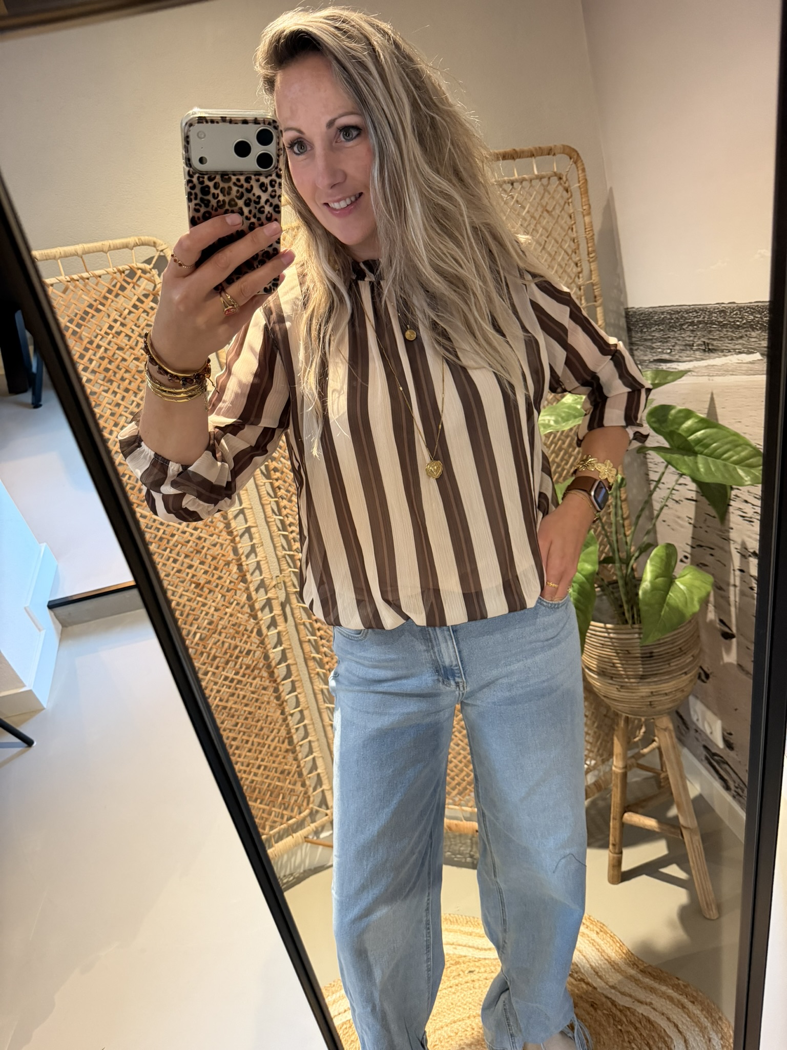 Blouse (verticaal streep) - Bruin/Beige