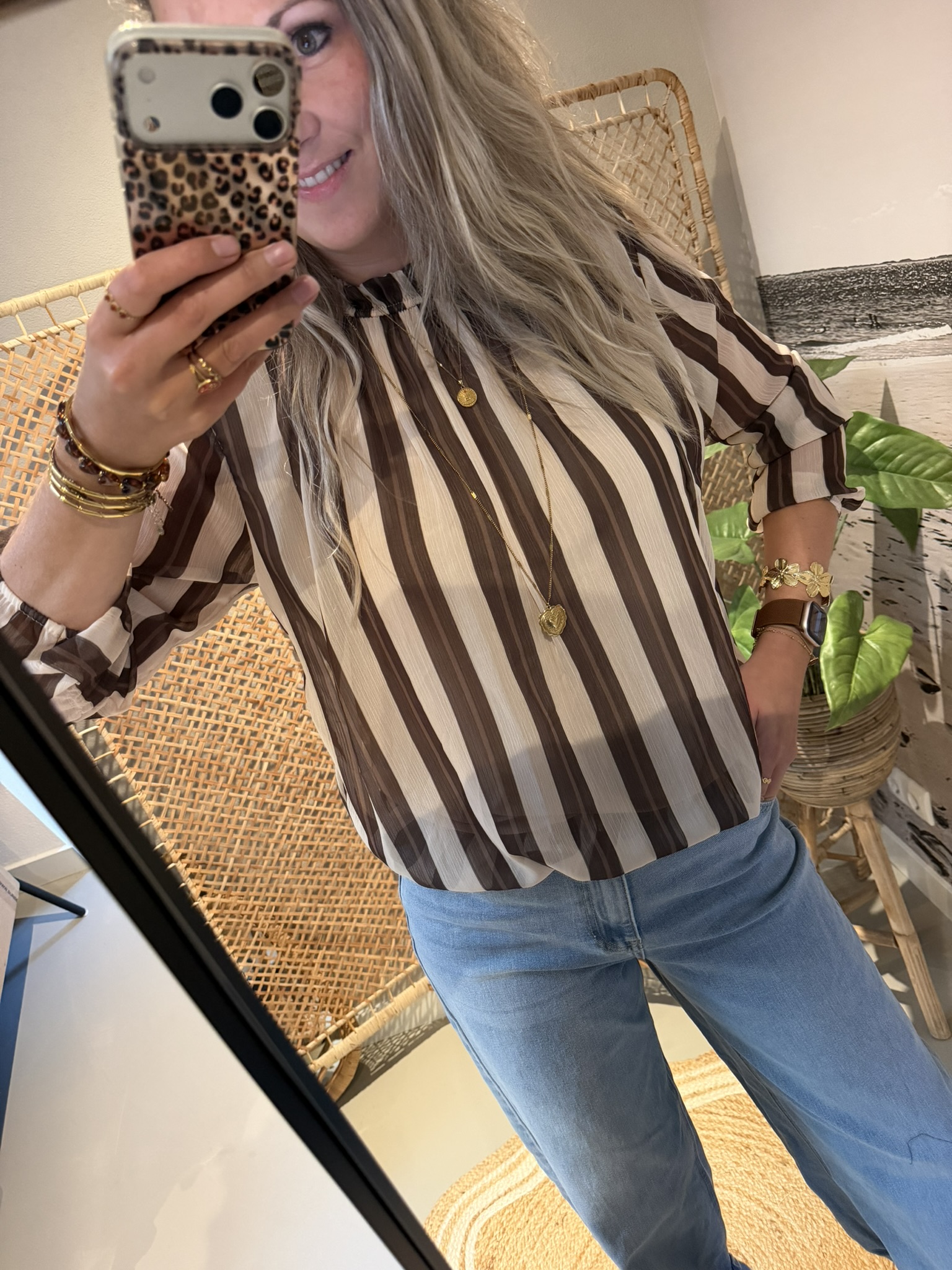Blouse (verticaal streep) - Bruin/Beige - Afbeelding 3