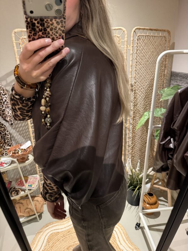 PU leer blouse met ballon mouw - Bruin
