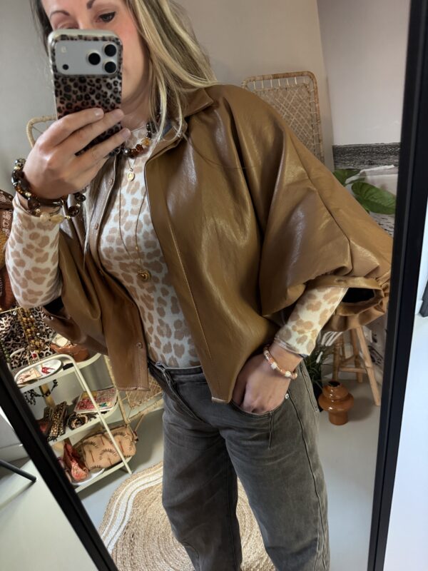 PU leer blouse ballon mouw - Camel