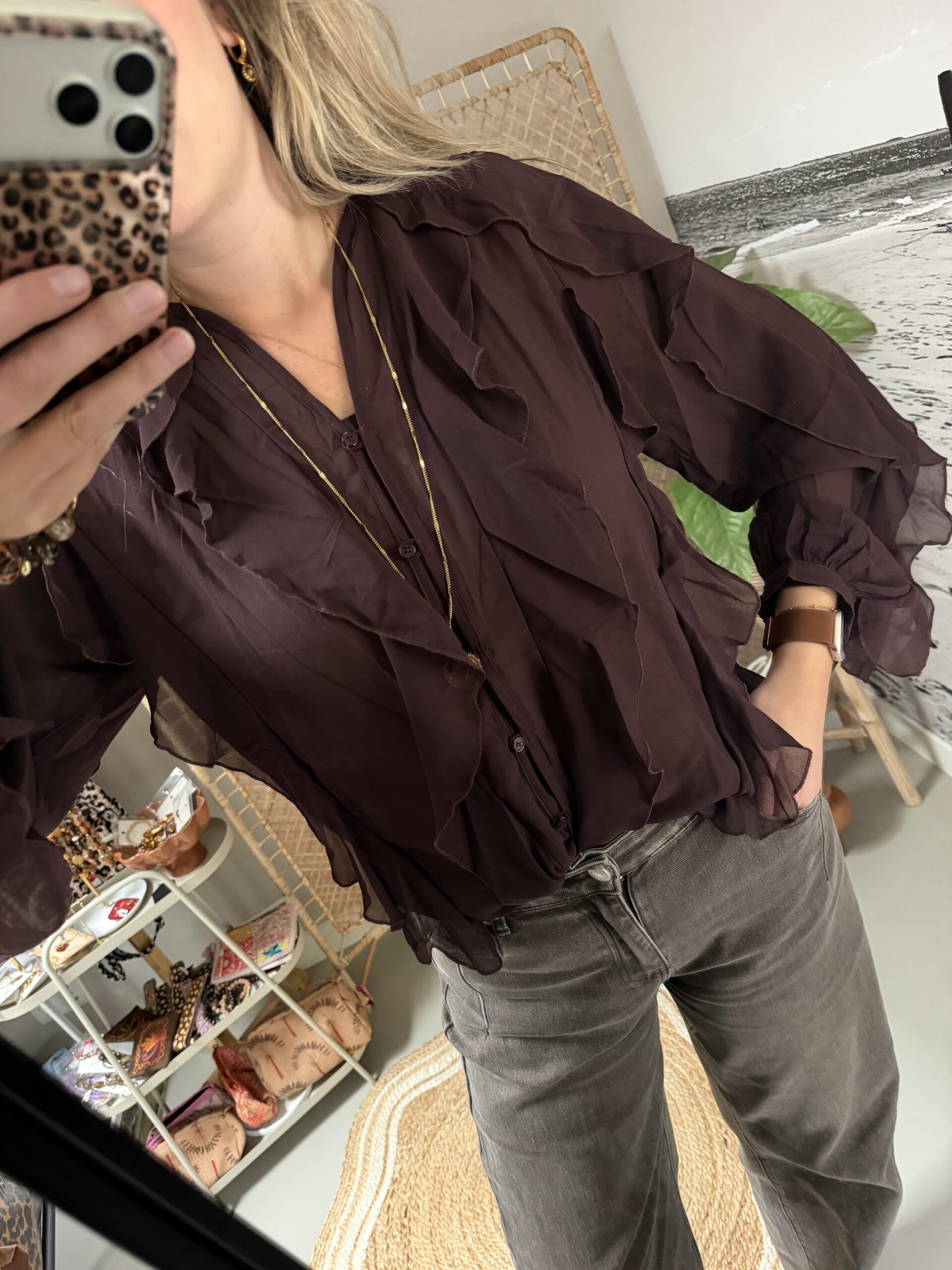 Ruffle blouse - Choco brown - Afbeelding 3