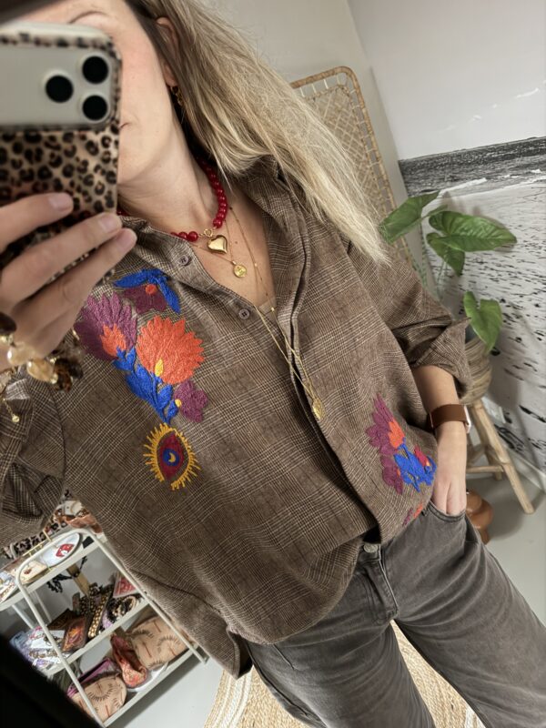 Oversized blouse ruitje & borduursels - Taupe/Bruin