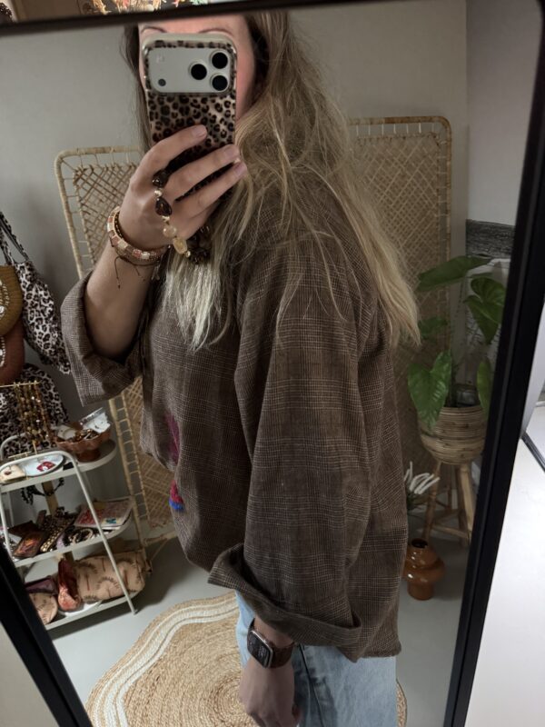 Oversized blouse ruitje & borduursels - Taupe/Bruin
